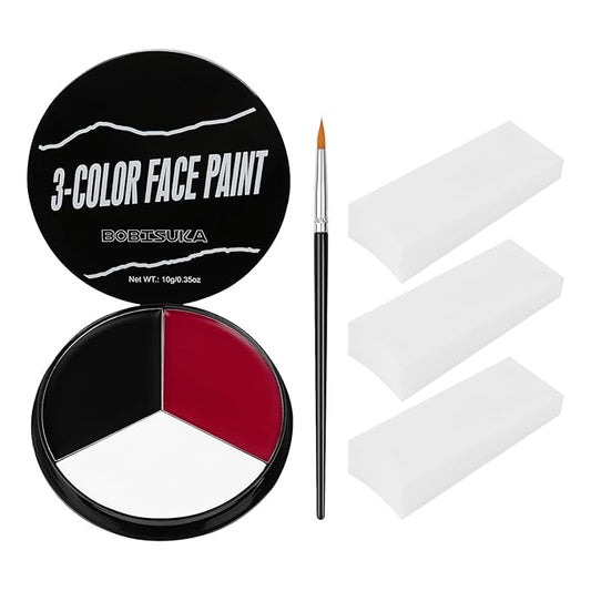 Black White Red Face Paint + 3PC Sponge + Brush, Colored Eye Black for Baseball Softball Sport Games, Body Painting Kit for Halloween Clown Makeup, Cosplay, Costume, SFX Special Effect, Theme Parties