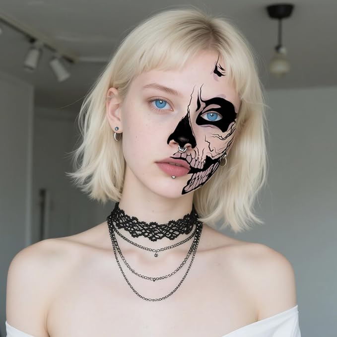 8Pcs Halloween Scary Semi Face Tattoos, Spooky Halloween Face Tattoos Stickers, Face Temporary Tattoos,Face Makeup Tattoo Stickers for Halloween Cosplay Party DIY Decorations