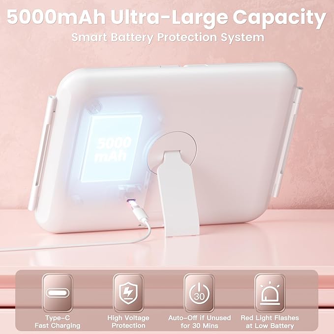 Trifold Travel Lighted Makeup Mirror, 5000mAh Rechargeable Light Up Magnifying Mirrors 1X/3X/10X, 3 Color Lighting&Stepless Dimming, Ultra Bright and Multi-Angle Adjustment