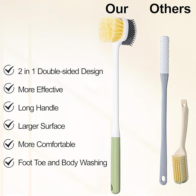 Foot Scrubber Toe Cleaning Brush, 2 Pack Shower Foot Scrubber with Long Handle, Double-Sided Silicone and Soft Bristle Brush for Skin Exfoliation, Seniors, Adults, Green