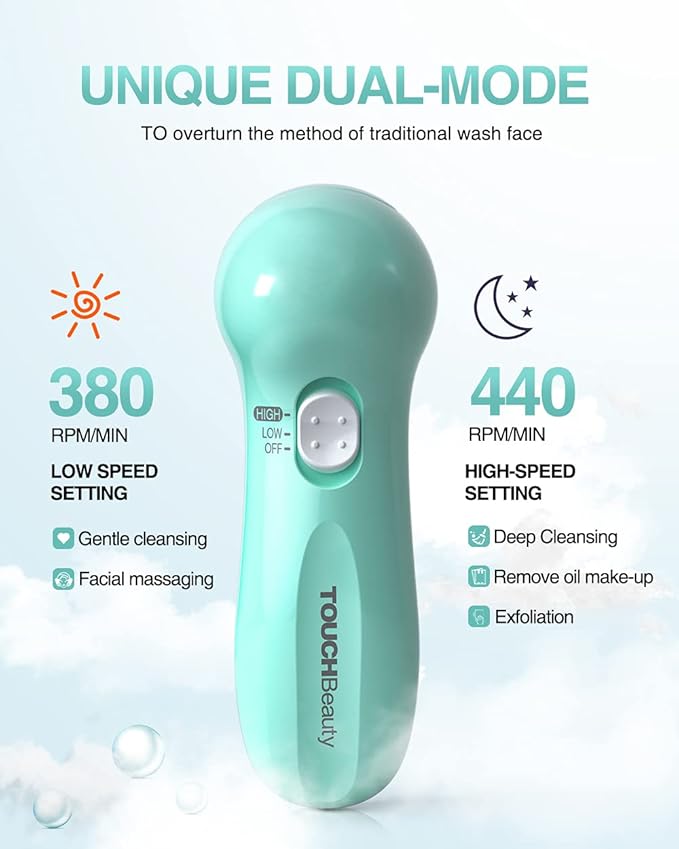 Electric Facial Cleansing Brush for Women, 3-in-1 Face Cleanser and Exfoliator Brush with 3 Brush Heads, 2 Speeds, Waterproof Spin Brush, Portable Travel Case (Green, Battery Operated)