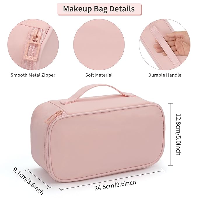 OCHEAL Small Makeup Bag,Portable Cute Travel Makeup Bag Pouch for Women Girls Makeup Brush Organizer Cosmetics Bags with Compartment-Pink