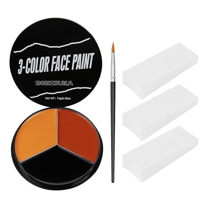 Black Red Orange Face Body Paint + 3PC Sponge + Brush, Colored Eye Black for Baseball Softball Sport Games, Face Painting Kit for Halloween Makeup, Pumpkin Cosplay, Costume, SFX Makeup, Theme Parties