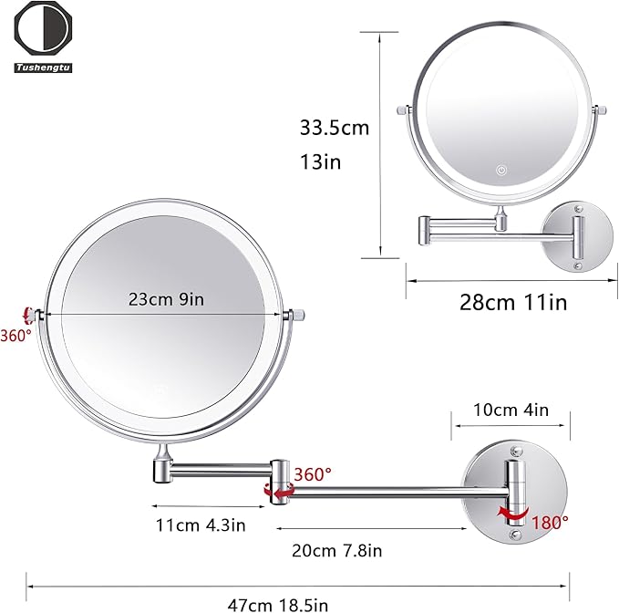 9 Inch Large Rechargeable Lighted Makeup Vanity Mirror Wall Mounted, 1X/10X Magnifying Mirror with Light for Bathroom 3000mAh USB Charging, Chrome Wall Mounted Mirror Swing Arm with 3 Light for Makeup