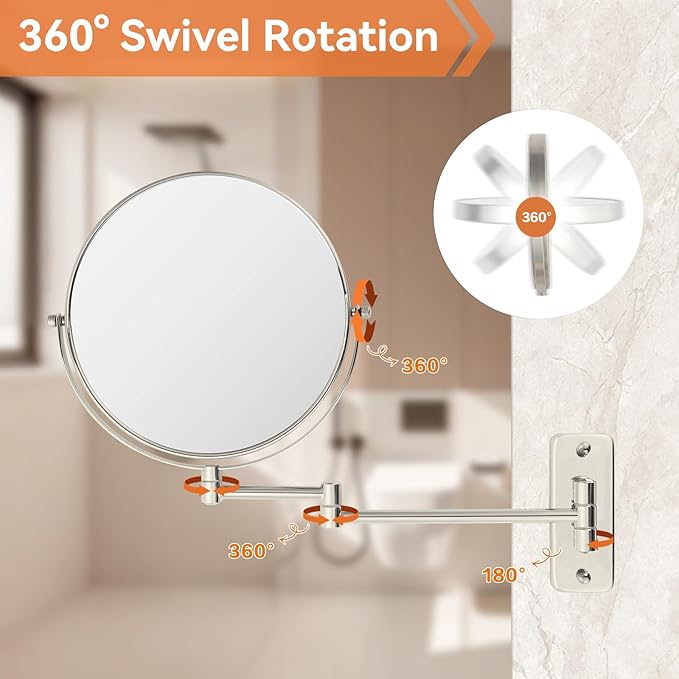 8" Extendable Bathroom Mirror Wall Mount with 1X/10X Magnification, 360° Swivel Double Sided Vanity & Shaving Mirror, Nickel Finish (No Light)