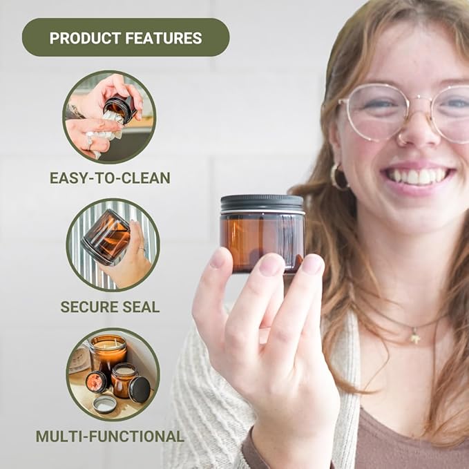 Glass Amber 2oz Jar - 12 Packs, Empty Round Jars For Beauty Products, Lotion, and Powders - Black Lid - Small Candle Jars