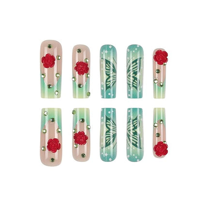 RUOKEXIN Square Press on Nails Long Fake Nails Green Sparkly Butterfly False Nails with 3D Rose Designs French Tip Nail Press ons Glossy Acrylic Artificial Nails for Women 24Pcs
