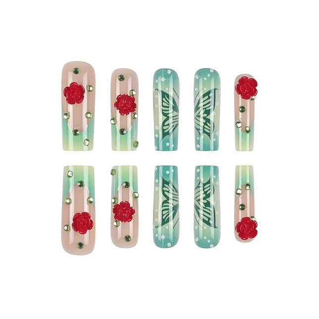 RUOKEXIN Square Press on Nails Long Fake Nails Green Sparkly Butterfly False Nails with 3D Rose Designs French Tip Nail Press ons Glossy Acrylic Artificial Nails for Women 24Pcs