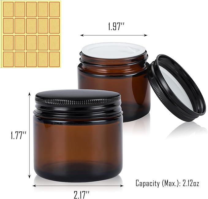 2oz Amber Glass Jars with Lids - 48 Pack Cosmetic Containers for Travel, Cream & Lotion