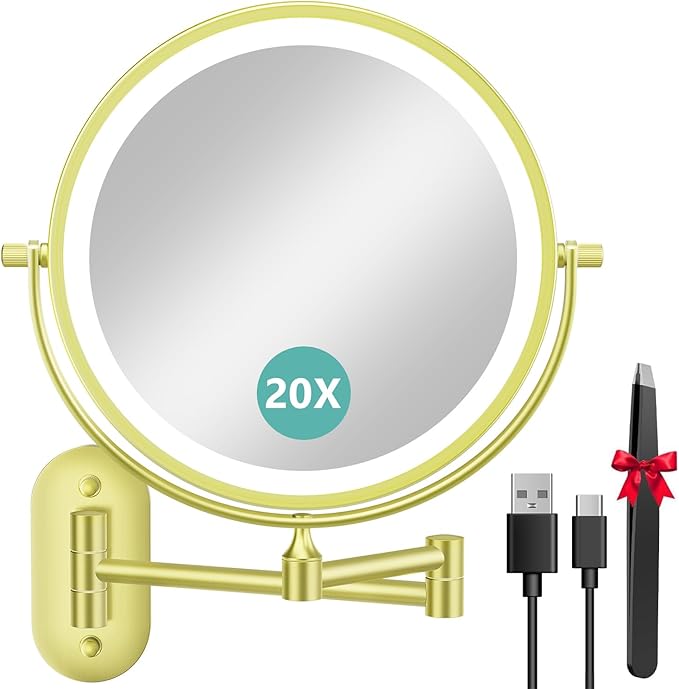 1X/20X Wall Mounted Makeup Mirror with Light, 8" Rechargeable Double-Sided Magnifying Mirror, Vanity Mirror Dimmable 3 Color Light, 360° Extension Rotation Foldable 14.5 Inch Arm for Bathroom