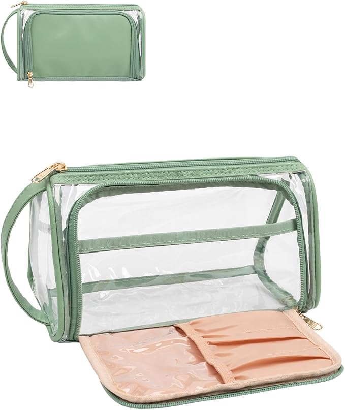 CUBETASTIC Clear Cosmetic Bags, Transparent Plastic Makeup Zipper Pouch Travel Makeup Up Organizer Case, Portable Cute Small Toiletry Bag with Handle and Side Compartment, Green