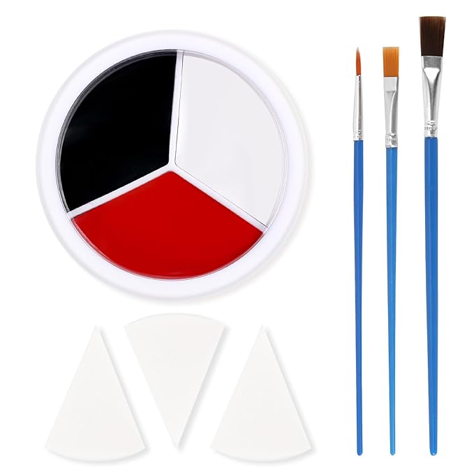 3 Colors Face Body Paint + 3pcs Sponge + 3pcs Brush, 【Full Coverage】【Skin Friendly】【Long Lasting】, Professional Paint Makeup Product For Halloween/Masquerade/Cosplay/Movie Makeup, Black+White+Red