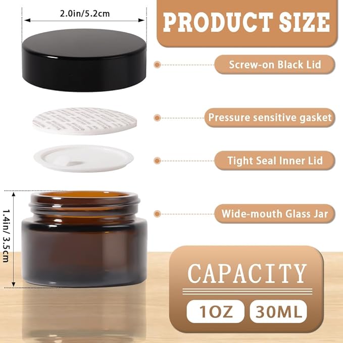4 pack 1oz Glass Jars Round Empty Cosmetic Containers, Refillable Glass Jars with Lids for Face Creams, Lotions, Powders,Salves Ointments,Potravel Storage