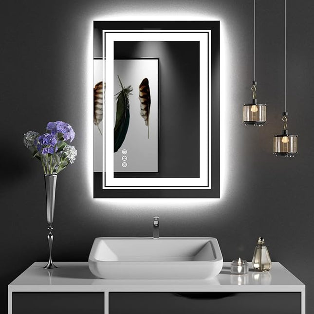 27x19 LED Bathroom Mirror with Front and Backlight, Dimmable Lighted Bathroom Vanity Mirror with Anti-Fog, Memory Function,Tempered Glass(Horizontal/Vertical)