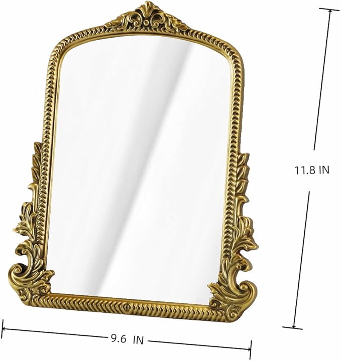 Vintage Bronze Vanity Makeup Bronze Desk Mirror - Antique Gold Finish - Elegant Wood Framed Standing Carved Mirror for Living Room, Bedroom, and Tabletop - 11.8" x 9.6" - Classic Chic Arch Design