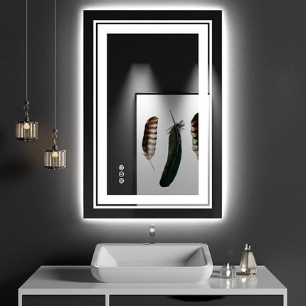 23x35 LED Bathroom Mirror with Front and Backlight, Dimmable Lighted Bathroom Vanity Mirror with Anti-Fog, Memory Function,Tempered Glass(Horizontal/Vertical)