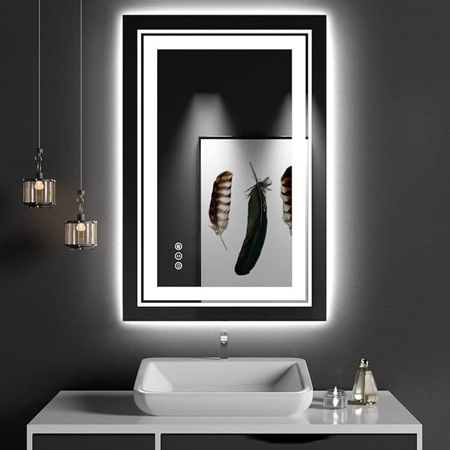23x35 LED Bathroom Mirror with Front and Backlight, Dimmable Lighted Bathroom Vanity Mirror with Anti-Fog, Memory Function,Tempered Glass(Horizontal/Vertical)