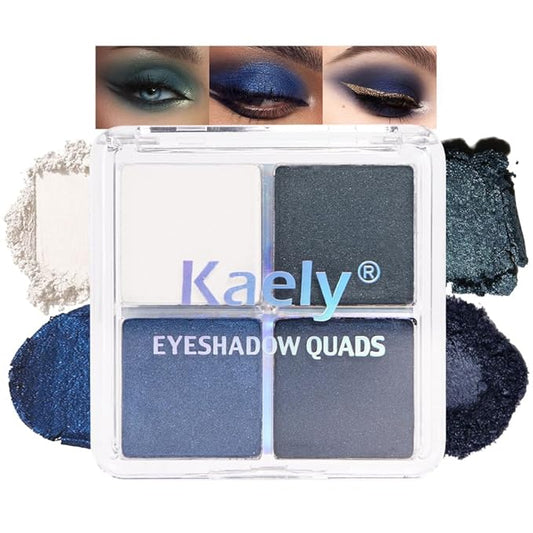 Kaely Powder Eyeshadow Quad, Blue Green Glitter Shimmer Eyeshadow Palette Makeup, Neutral Eye Shadow Palette for Older Women Pigmented Waterproof, sombras para ojos, Blendable, Cruelty-free, 08
