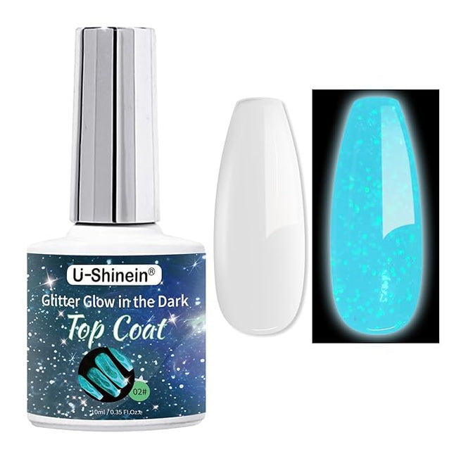 U-Shinein Glow In The Dark Gel Polish - Glitter Luminous Blue Nail Gel Top Coat with Fine glitter decoration No Wipe Long-lasting Transparent Glow UV LED Needed, Perfect for Any Festival Halloween
