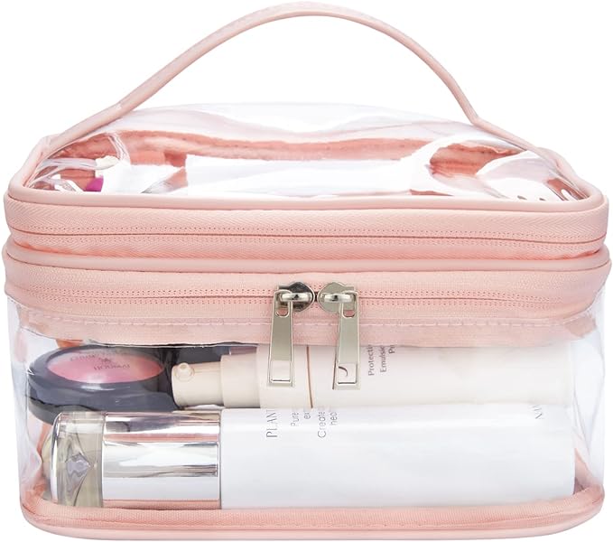 Double Layer Clear Cosmetic Bag Makeup Bag, Waterproof Travel Toiletry Bag, Transparent PVC Hair & Nail Accessories Pouch Beach Bag Organizer (Pink)