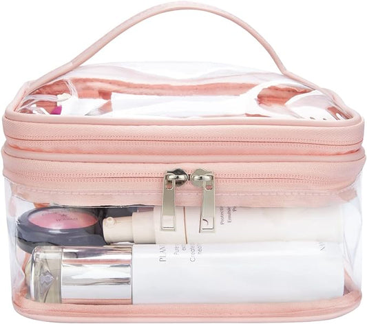 Double Layer Clear Cosmetic Bag Makeup Bag, Waterproof Travel Toiletry Bag, Transparent PVC Hair & Nail Accessories Pouch Beach Bag Organizer (Pink)