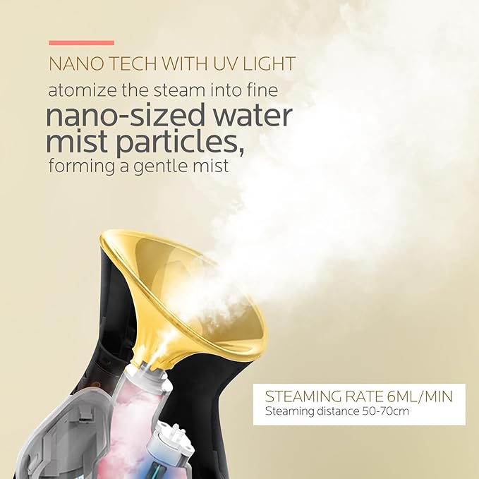 Colorfarm Facial Steamer Nano Ionic: Face Steamer Home Spa Kit Deep Cleaning Unclogs Pores Sinuses Inhaler with 8 Skin Care Tools - Relaxing Self Care Skincare Beauty Gifts for Women (Black Gold)