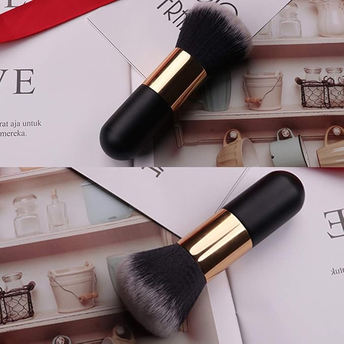 Makeup Brush Powder Brush Foundation Blush Bronzer Contour Face Blender Brush Professional Mineral Blending Buffing Kabuki Brushes Thick and Dense Soft Synthetic Fibers (Black&Golden Plus)
