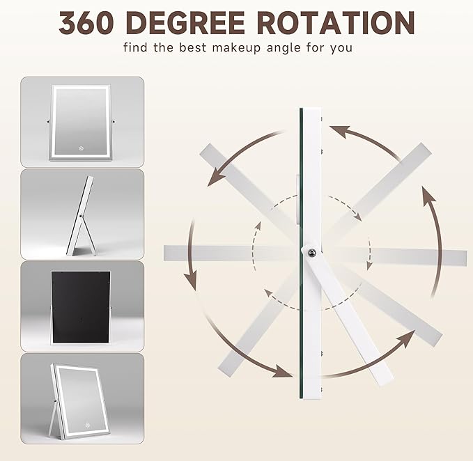 MINISO Vanity Mirror with Lights, 10.6" x 14" LED Makeup Mirror, Light & Brightness Adjustment, Smart Sensor, 360°Rotation, Aluminum Alloy Metal White Frame, with 5X Magnifying Glass