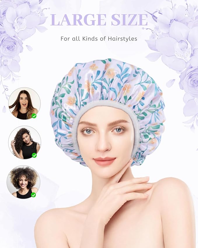 Shower Cap, Terry lined Reusable shower caps, Large Shower Cap for Women, Waterproof Hair cap Triple Layer Shower Caps for Long Thick Hair