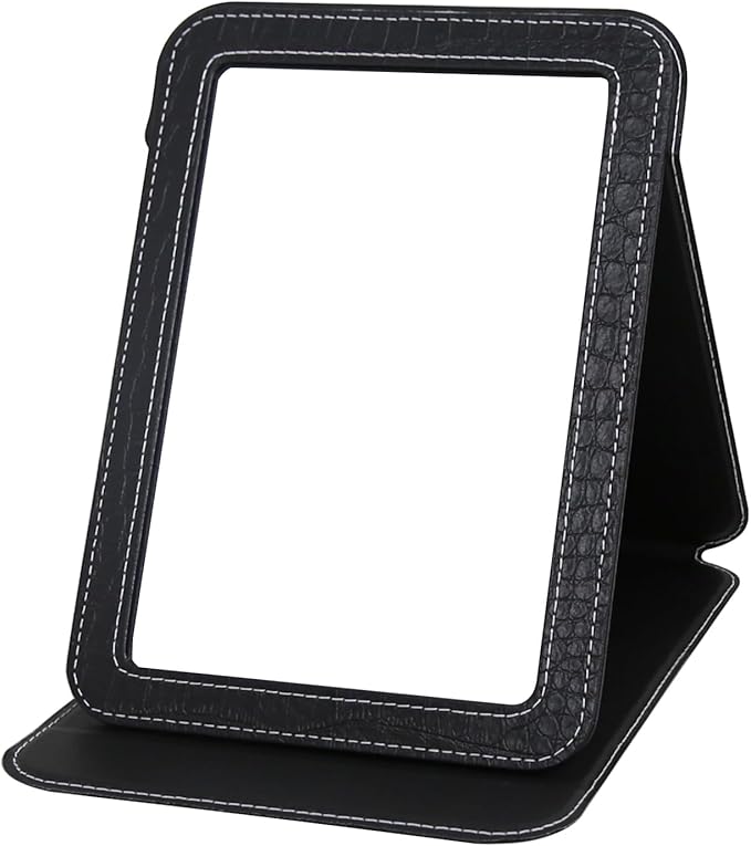 Black Foldable Desk Mirror, 6.5×8.9” Adjustable Angle Rounded Rectangle PU Edge Covering Travel Mirror with Stand (LBlack)