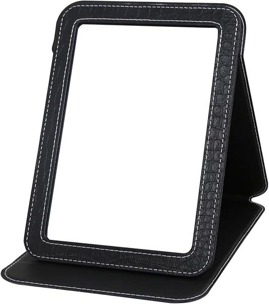Black Foldable Desk Mirror, 6.5×8.9” Adjustable Angle Rounded Rectangle PU Edge Covering Travel Mirror with Stand (LBlack)