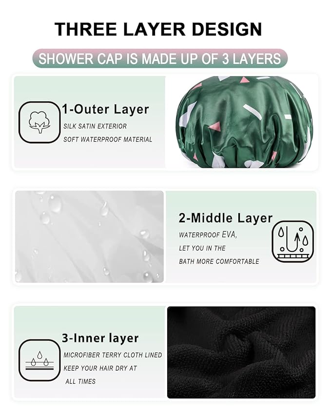 YIZIJIZI Triple Layer Reusable Waterproof Shower Cap for Women Large Terry Lined Hair Cap for Long Thick Hair Travel Bath Care Green Flowers