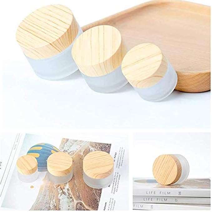 12 Packs 1 Oz Empty Jars 30ml Round Frosted Glass Cream Jar Bottles Holder with Wood Grain Lids Refillable Case Vial Pot Cosmetic Container Glass Bottles for Lotion Face Lip Balm Eye Cream