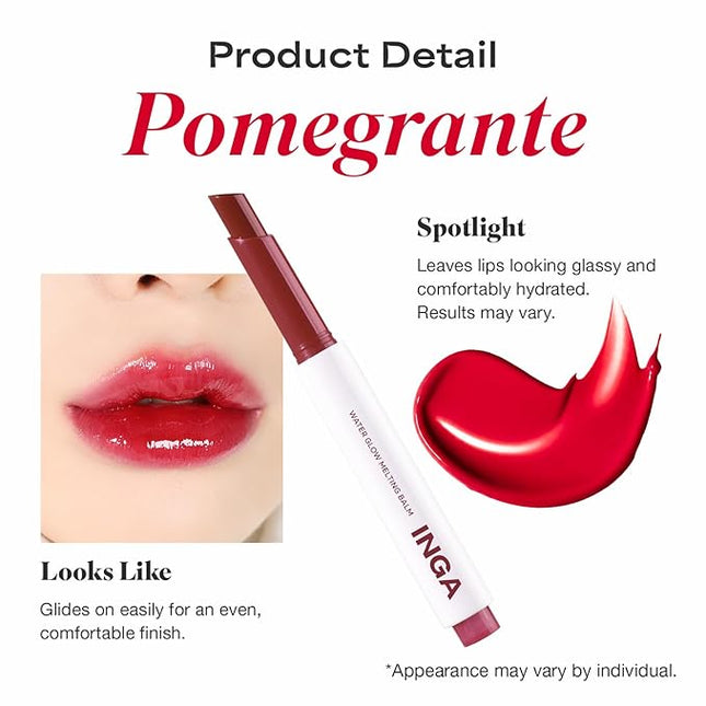 INGA Water Glow Melting Balm - Hydrating Tinted Lip Balm with Soft, Melt-On Texture, Natural Sheer, Glass-Like Finish with Non-Sticky, Lightweight Comfort (POMEGRANTE JUICE)