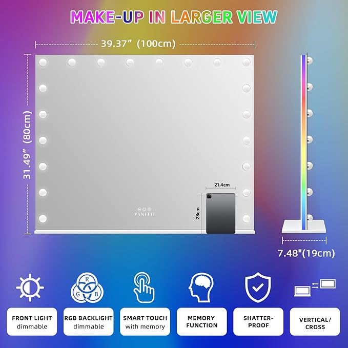 VANITII Large Vanity Mirror with 20 Bulbs Lights 40"x32" RGB Backlit Hollywood Makeup Mirror with Dimmable 3 Lighting Modes Lighted Desktop Wall-Mount Mirror with Smart Touch