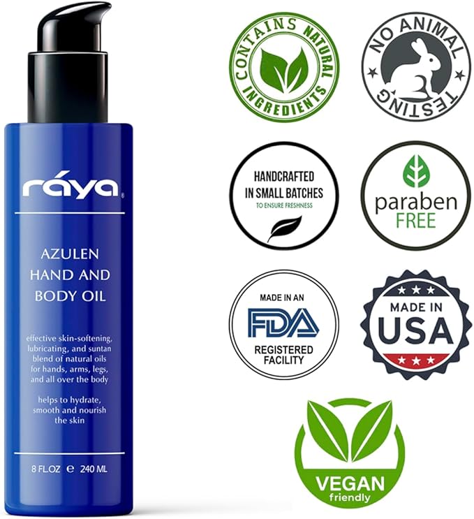 RAYA Azulen Hand and Body Oil 8 oz (451) | Softening and Natural Blend of Oils for Hands, Arms, Legs, and Body | Great as a Body Massage Oil | Great for All Skin