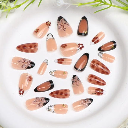 Short Press on Nails Almond Fake Nails with 3D Flower Gold Pearl Designs French Tip Nails Press ons Black Nude White Brown Acrylic Glossy Glue on Nail for Women 24 Pcs