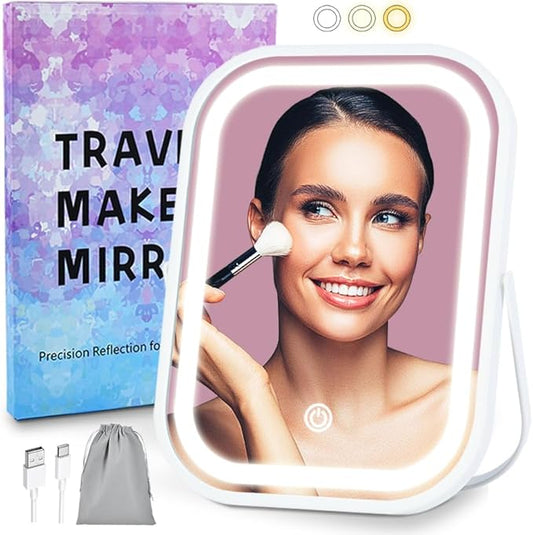 Rechargeable Desk Vanity Makeup Mirror with Lights,8x6 Inch Folding Portable Mirror with Metal Stand Adjustable Rotation,Tavel Make Up Mirror for Table