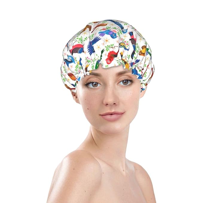 Birds Pattern Shower Cap For Women Reusable Waterproof Double Layers Bath Cap Hair Protection Elastic Ladies Spa Salon Shower Hat