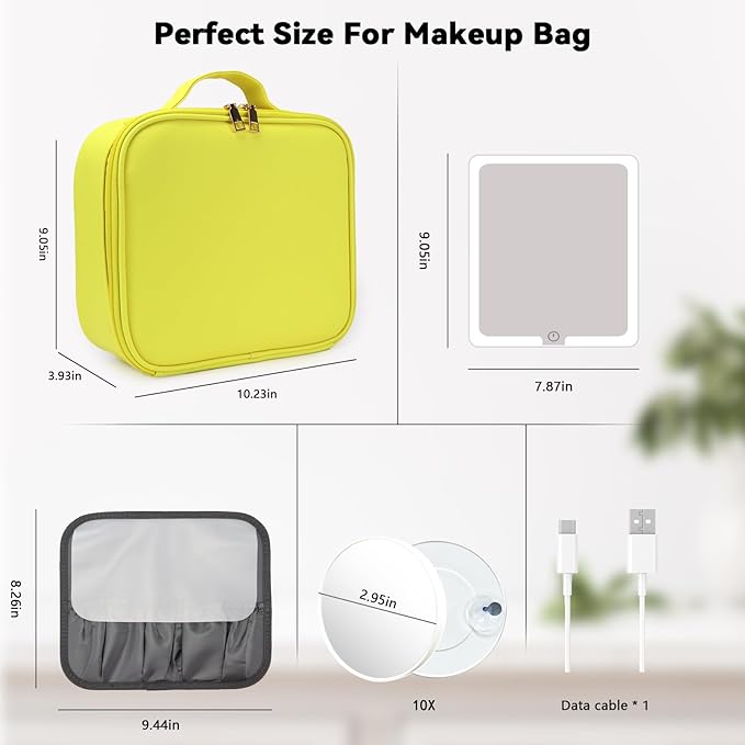 Travel Makeup Bag with LED Mirror and 10x magnifying glass with 3 Lighted Settings, Adjustable Dividers and Makeup Brush Storage Bag Yellow