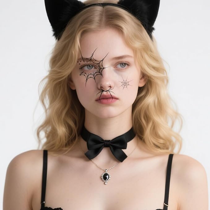 Halloween Temporary Face Tattoos, Temporary Tattoos Stickers,Temporary Makeup Tattoos with Spiderweb & Spider Design, Face Tattoo Sticker Art for Halloween, Adults, Kids 8Pcs