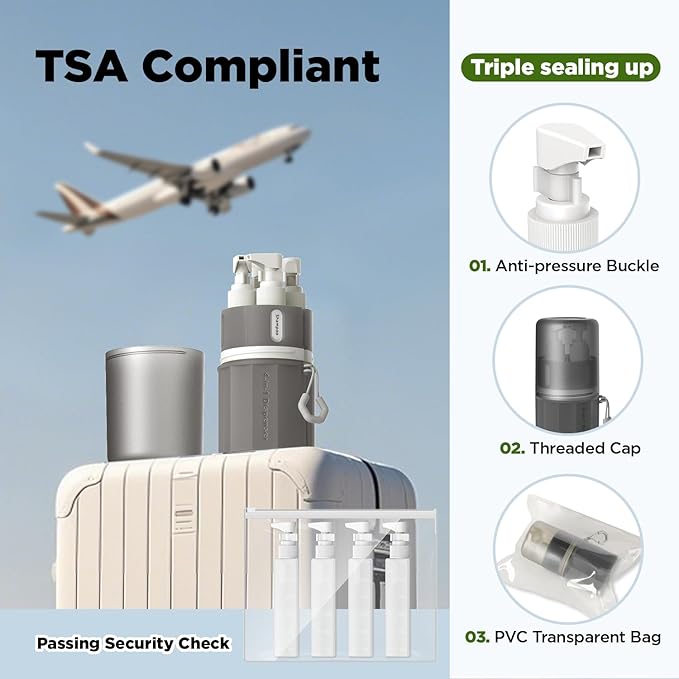 YOTIME 4in1 Travel Bottles Set, Vacuum Silicone Suction Cup for Smooth Walls, TSA Approved Leak Proof Travel Size Containers for Toiletries, Shampoo, Body Wash and Conditioner, Gray