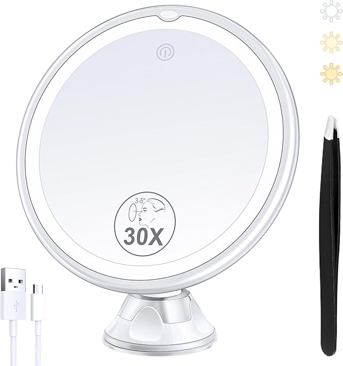 Lighted Makeup Mirror with 30X Magnification, 30X Magnifying Mirror Suction Cup with Light, 3 Color Modes and Adjustable Brightness, 360°Swivel Magnifying Mirrors with Light for Vanity 1500mAh