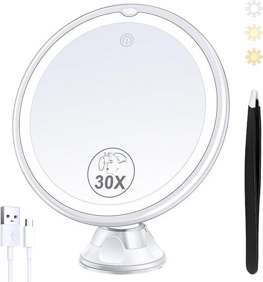 Lighted Makeup Mirror with 30X Magnification, 30X Magnifying Mirror Suction Cup with Light, 3 Color Modes and Adjustable Brightness, 360°Swivel Magnifying Mirrors with Light for Vanity 1500mAh