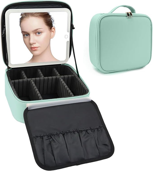 Travel Makeup Bag with LED Mirror Travel Makeup Organizer with 3 Lighted Settings, Adjustable Dividers and Makeup Brush Storage Bag Light Green