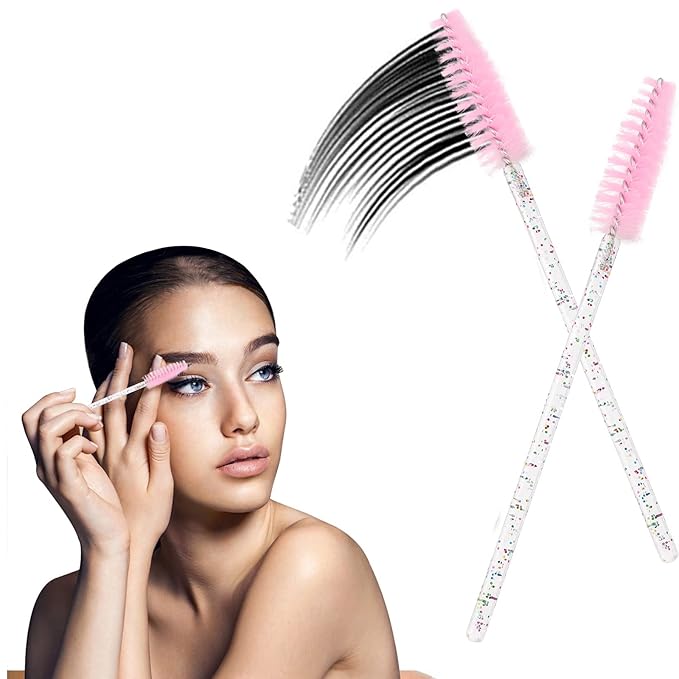 BTYMS 100 Pieces Crystal Eyelash Mascara Brushes Spoolie Brush Lash Wands Applicator Disposable Eyebrow - Light Pink