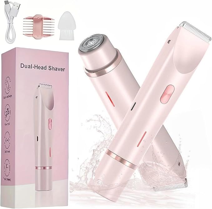2025 Womens Shaver Dual-Head Bikini Trimmer for Women 2-in-1 Women's Body Shaver USB Charge Waterproof Painless Electric Razors for Silk Skin (Pink)