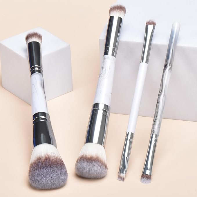 YJ-Anyue4PCS Dual-Ended Makeup Brushes & Blending Sponge Set, Professional Foundation Concealer Eyeshadow Kabuki Brush with, for Liquid Powder Cream, Vegan & Cruelty-Free