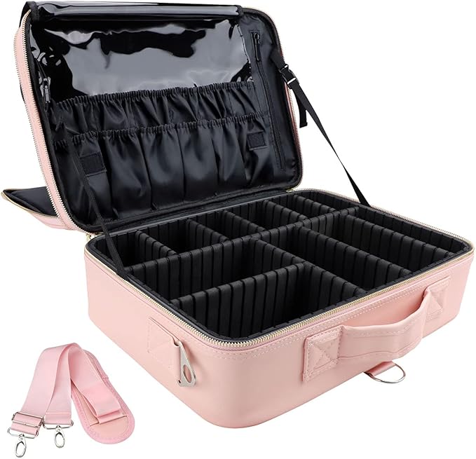 JOURMON Travel Makeup Case Portable Makeup Train Case Organizer Cosmetic Bag with Adjustable Dividers and Shoulder Strap for Makeup Brushes Toiletry Travel Accessories(Pink, L)