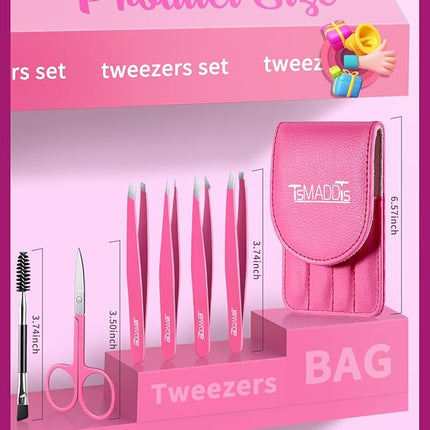 TsMADDTs 6 pcs Eyebrow Tweezers Set, Tweezers for Women Facial Hair with Curved Scissor and Eyebrow Brush for Ingrown Hair